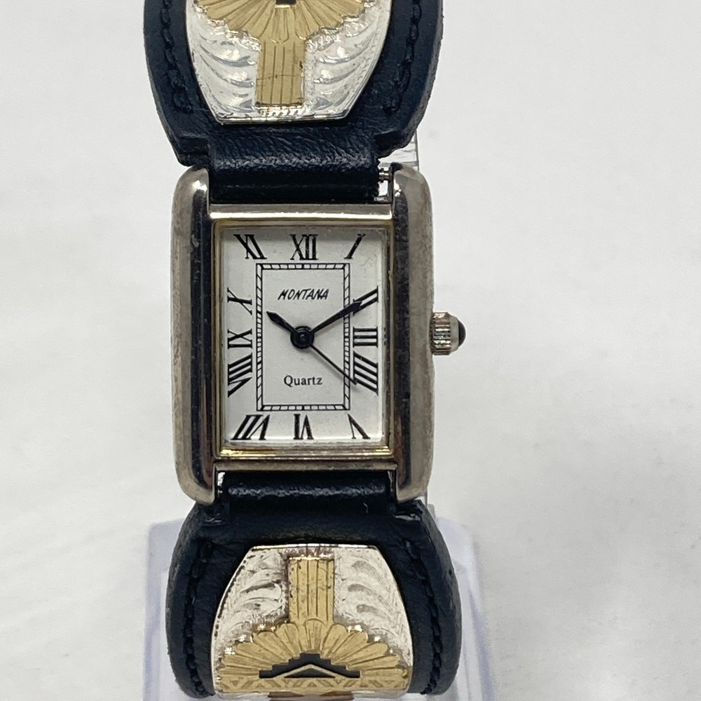 Montana Silversmiths Womens Watch Silver Gold Tone Western Cuff Leather New Batt